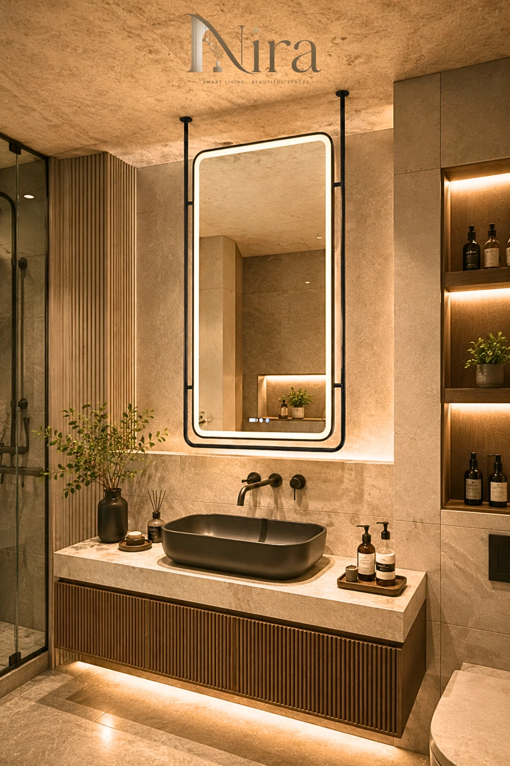 20 Nira Premium Black Matt Stainless Steel LED Mirror - الصورة 1