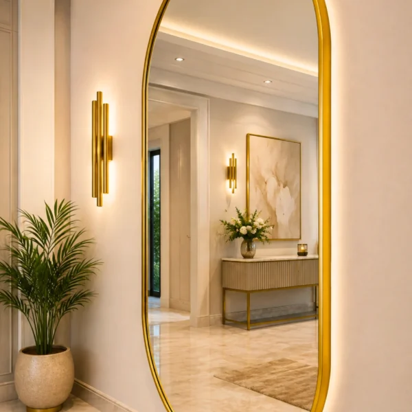Nira Oval mirror with a black and gold frame and LED