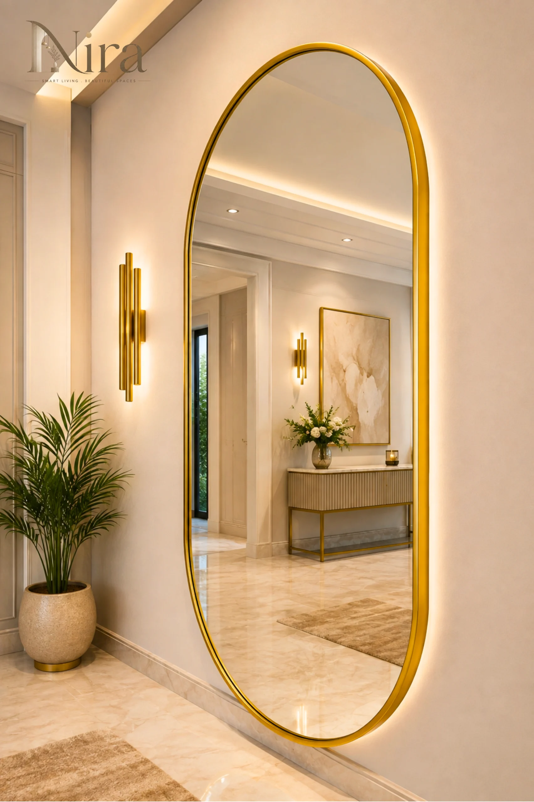 44 Nira Oval mirror with a black and gold frame and LED - الصورة 1